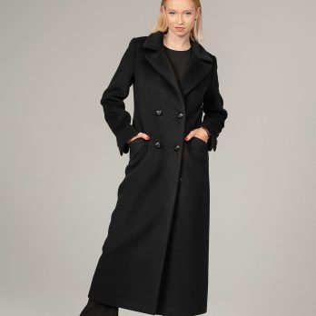 kašmyro vilnos paltas, dvieilis užsegimas, statytos rankovės, juoda spalva